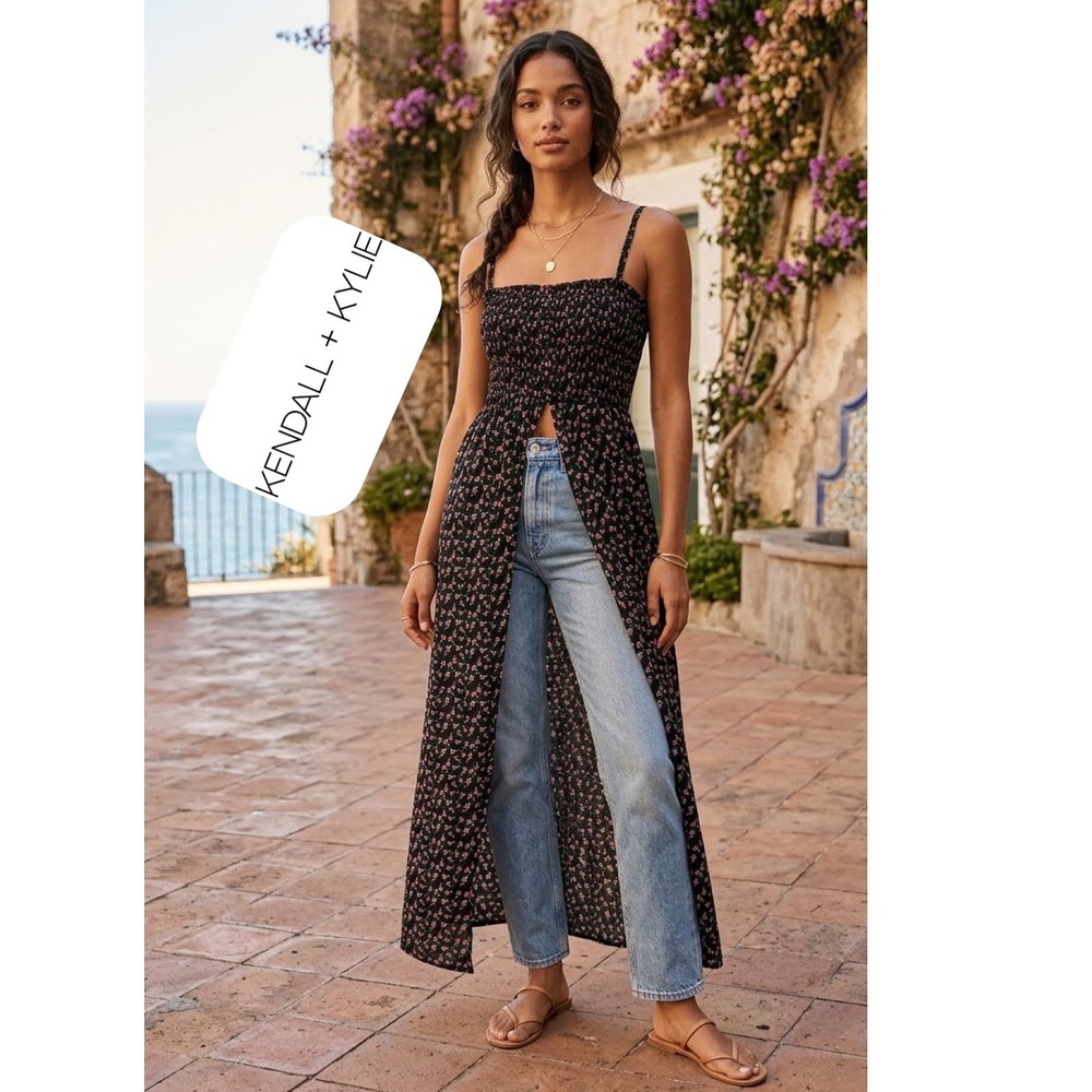 Kendall + Kylie Floral Smocked High Slit Maxi Top Dress Black XL NEW Whimsical